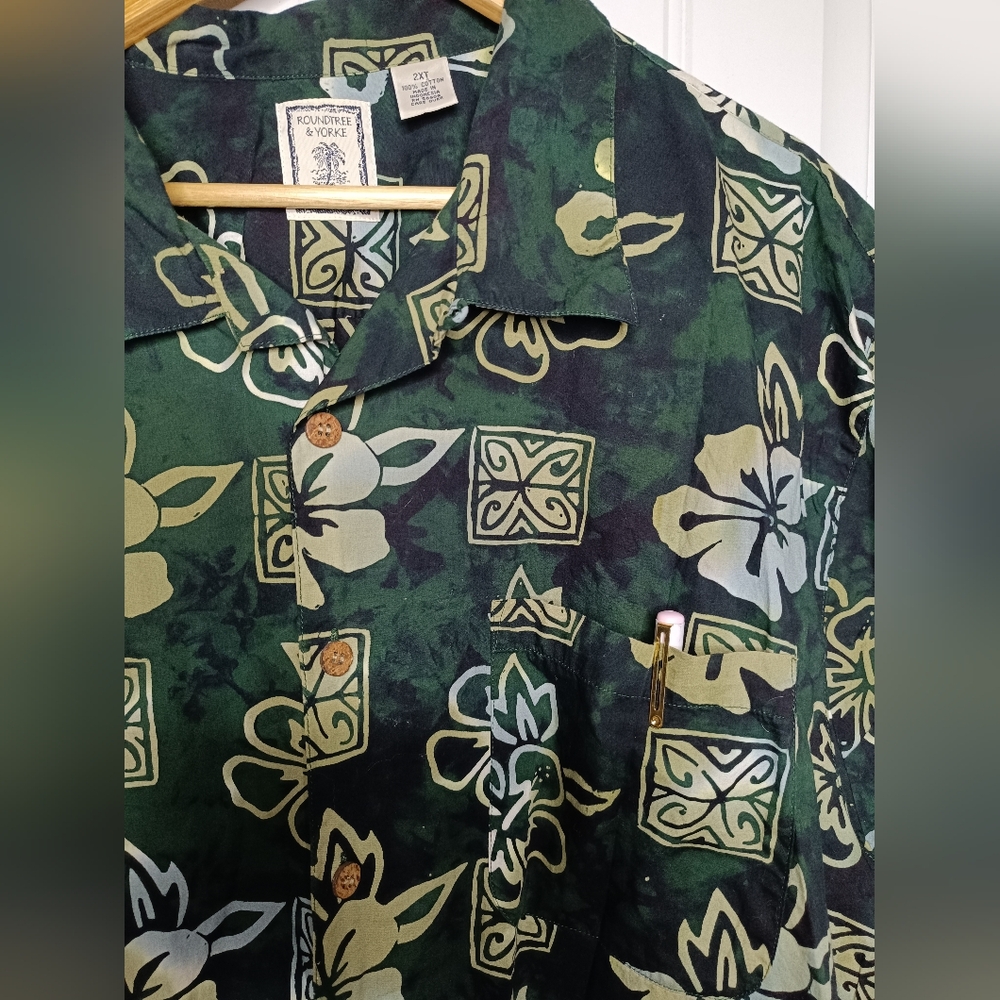 100% Cotton Green Roundtree & Yorke 2XT Hawaiian Islander Beach Vacation Casual